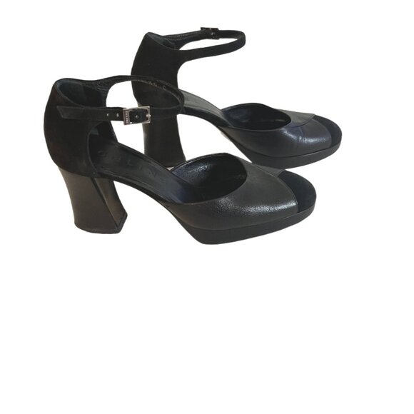 Celine Blk Leather/Suede Mary Jane’s Round Toe Chunky Heels Gold Buckle Size 37 - Picture 3 of 13